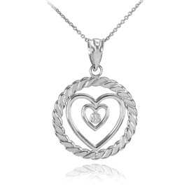 White Gold Roped Circle Double Heart with Diamond Pendant Necklace