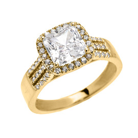 Elegant Yellow Gold 3 Carat Princess Cut CZ Micro-Pave Halo Solitaire Ring