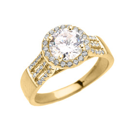 Elegant Yellow Gold Micro Pave 3 Carat Round Halo Solitaire CZ Engagement Ring