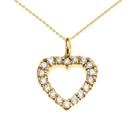 14k Yellow Gold Open Heart  Diamond Dainty Charm Pendant Necklace