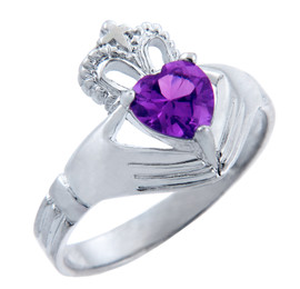 Silver Claddagh Band Ring with Amethyst CZ Heart