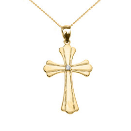 Yellow Gold Solitaire Diamond High Polish Milgrain Cross Pendant Necklace