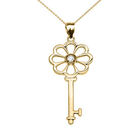 Yellow Gold Solitaire Cubic Zirconia Flower Key Pendant Necklace