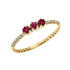 Yellow Gold Dainty Three Stone Ruby and Diamond Rope Design Engagement/Proposal/Stackable Ring