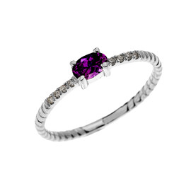 White Gold Dainty Solitaire Oval Amethyst and Diamond Rope Design Engagement/Proposal/Stackable Ring