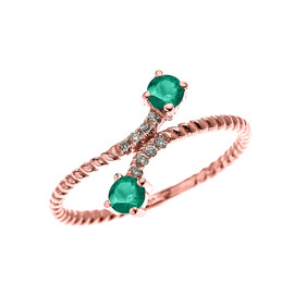 Rose Gold Dainty Two Stone Emerald and Diamond Rope Design Promise Ring