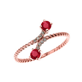 Rose Gold Dainty Two Stone Ruby and Diamond Rope Design Promise Ring