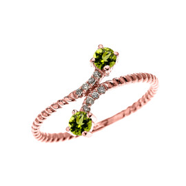 Rose Gold Dainty Two Stone Peridot and Diamond Rope Design Promise Ring