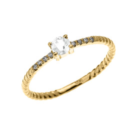 Yellow Gold Dainty Solitaire White Topaz and Diamond Rope Design Engagement/Proposal/Stackable Ring