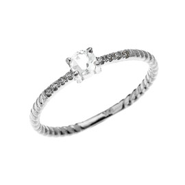 White Gold Dainty Solitaire White Topaz and Diamond Rope Design Engagement/Proposal/Stackable Ring