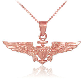 Solid Rose Gold US Naval Aviator Wings Pendant Necklace