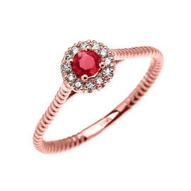 Rose Gold Dainty Halo Diamond and Ruby Solitaire Rope Design Promise Ring