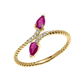 Yellow Gold Dainty Two Stone Pear Shape Ruby and Diamond Rope Design Promise Ring