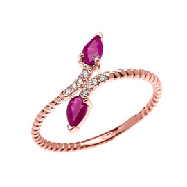 Rose Gold Dainty Two Stone Pear Shape Ruby and Diamond Rope Design Promise Ring