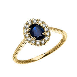 Yellow Gold Dainty Halo Diamond and Oval Sapphire Solitaire Rope