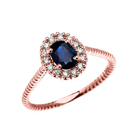 Rose Gold Dainty Halo Diamond and Oval Sapphire Solitaire Rope Design Engagement/Promise Ring
