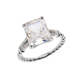 White Gold Dainty Emerald Cut Cubic Zirconia and Diamond Solitaire Rope Design Engagement/Promise Ring