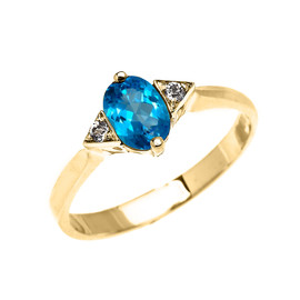 Yellow Gold Solitaire Oval Blue Topaz and White Topaz Engagement/Promise Ring