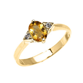 Yellow Gold Solitaire Oval Citrine and White Topaz Engagement/Promise Ring