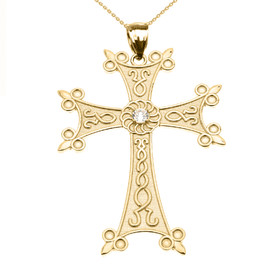 Yellow Gold Elegant Armenian Cross with Eternity Cubic Zirconia  Pendant Necklace (Large)