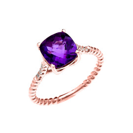 Rose Gold Dainty Solitaire 2 Carat Cushion Checkerboard Amethyst and Diamond Rope Design Engagement/Promise Ring