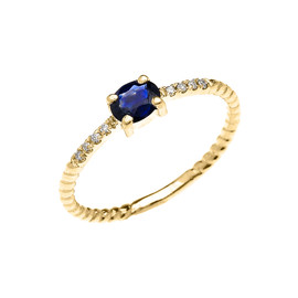 Yellow Gold Dainty Solitaire Oval Sapphire and Diamond Rope Design Engagement/Promise Ring