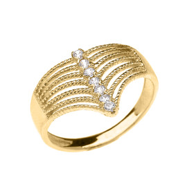 Yellow Gold Modern Chevron 7 Stone Diamond Rope Design Ring