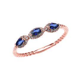 Rose Gold Dainty Three Stone Marquise Blue Sapphire and Halo Diamond Rope Design Engagement/Promise Ring