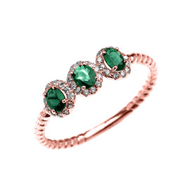 Rose Gold Dainty Three Stone Emerald Rope Diamond Promise Ring