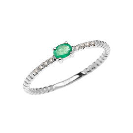 White Gold Dainty Solitaire Emerald and Diamond Rope Design Promise Ring
