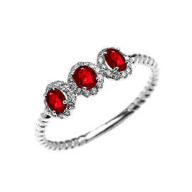 Dainty White Gold Three Stone Oval Ruby and Halo Diamond Rope Design Engagement/Promise Ring