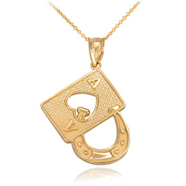 Gold Lucky Ace Card Horseshoe Pendant Necklace