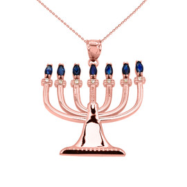 Sapphire and Diamond Rose Gold Menorah Pendant Necklace