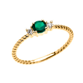 Yellow Gold Dainty Solitaire Green Agate and White Topaz Rope Design Promise/Stackable Ring
