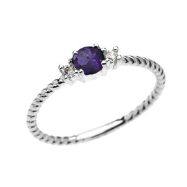 White Gold Dainty Solitaire Amethyst and White Topaz Rope Design Promise/Stackable Ring