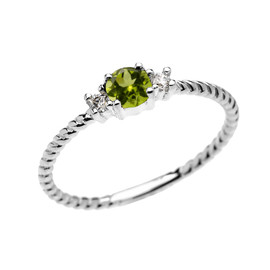 White Gold Dainty Solitaire Peridot and White Topaz Rope Design Promise/Stackable Ring
