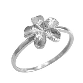 White Gold Smooth Hawaiian Plumeria Flower Ring