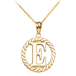 Yellow Gold "E" Initial in Rope Circle Pendant Necklace