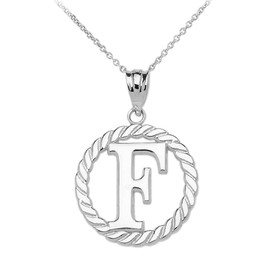 White Gold "F" Initial in Rope Circle Pendant Necklace