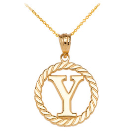 Yellow Gold "Y" Initial in Rope Circle Pendant Necklace