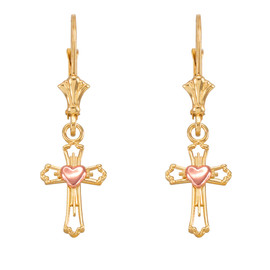 14k Two Tone Yellow and Rose Gold Heart Cross Earrings