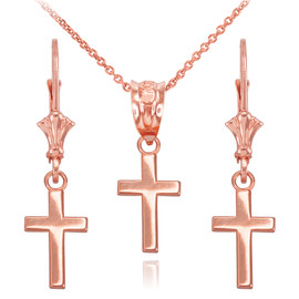 14k Rose Gold Smooth Mini Cross Necklace Earring Set