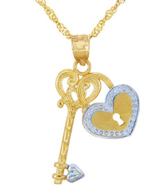 Valentines Special Heart Diamonds - Two Tone Gold Heart Lock and Key Pendant (w Chain)