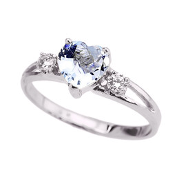 White Gold Aquamarine Heart Proposal/Promise Ring