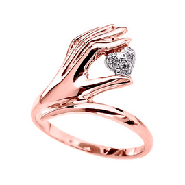 Rose Gold hand Holding Heart Diamond Ladies Ring