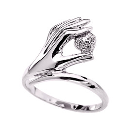 White Gold hand Holding Heart Diamond Ladies Ring