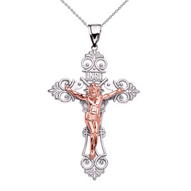 Two-Tone White Gold INRI Crucifix Pendant Necklace (Large)