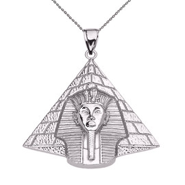 White Gold Detailed Egyptian Pyramid King Tut (Tutankhamun) Pendant Necklace