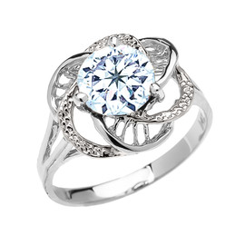 White Gold CZ Aquamarine Solitaire Modern Flower Ladies Ring