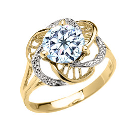 Yellow Gold CZ Aquamarine Solitaire Modern Flower Ladies Ring